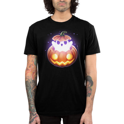 Premium Cotton T-shirt_TeeTurtle black Spooky Ghost featuring a ghost popping out of a pumpkin.