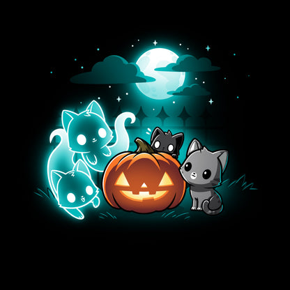 Premium Cotton T-shirt_TeeTurtle Spurrits of Halloween black t-shirt featuring two dark and dangerous ghost cats next to two grey cats watching them. They are surrounding a jack-o-lantern and there is a full moon with clouds behind them.