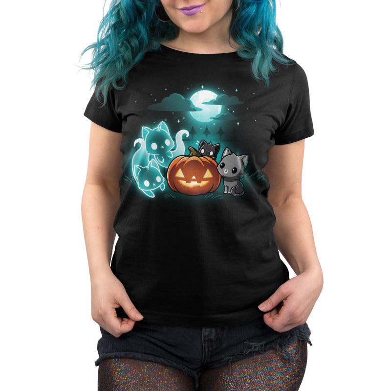 Premium Cotton T-shirt_TeeTurtle Spurrits of Halloween black t-shirt featuring two dark and dangerous ghost cats next to two grey cats watching them. They are surrounding a jack-o-lantern and there is a full moon with clouds behind them.