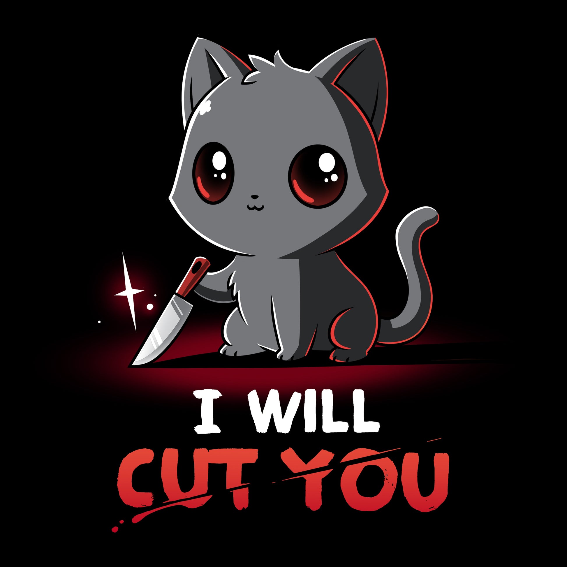 Premium Cotton T-shirt_TeeTurtle Stabby The Kitty black t-shirt featuring a grey cat holding a small knife with text that reads "I Will Cut You."