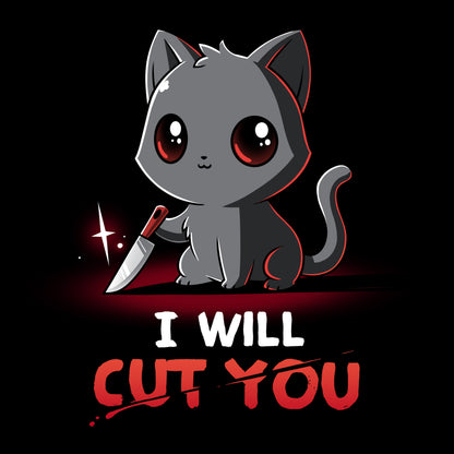 Premium Cotton T-shirt_TeeTurtle Stabby The Kitty black t-shirt featuring a grey cat holding a small knife with text that reads "I Will Cut You."