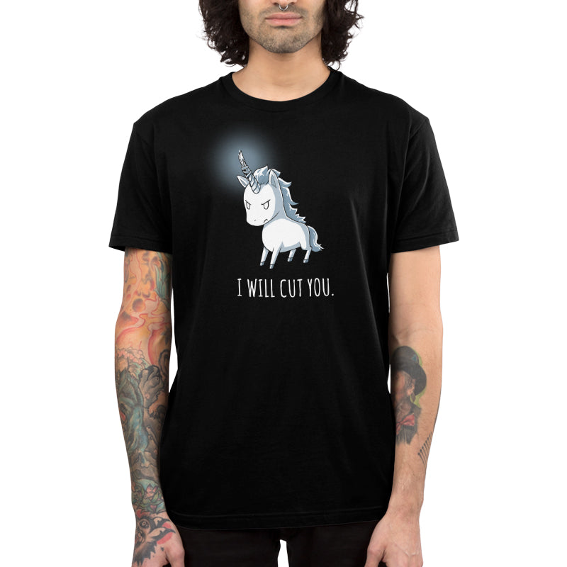 Premium Cotton T-shirt_Black apparel featuring Stabby the Unicorn with a fierce expression and the text "I WILL CUT YOU" printed below. Made from super soft ringspun cotton for ultimate comfort. Product Name: Stabby the Unicorn by brand monsterdigital.