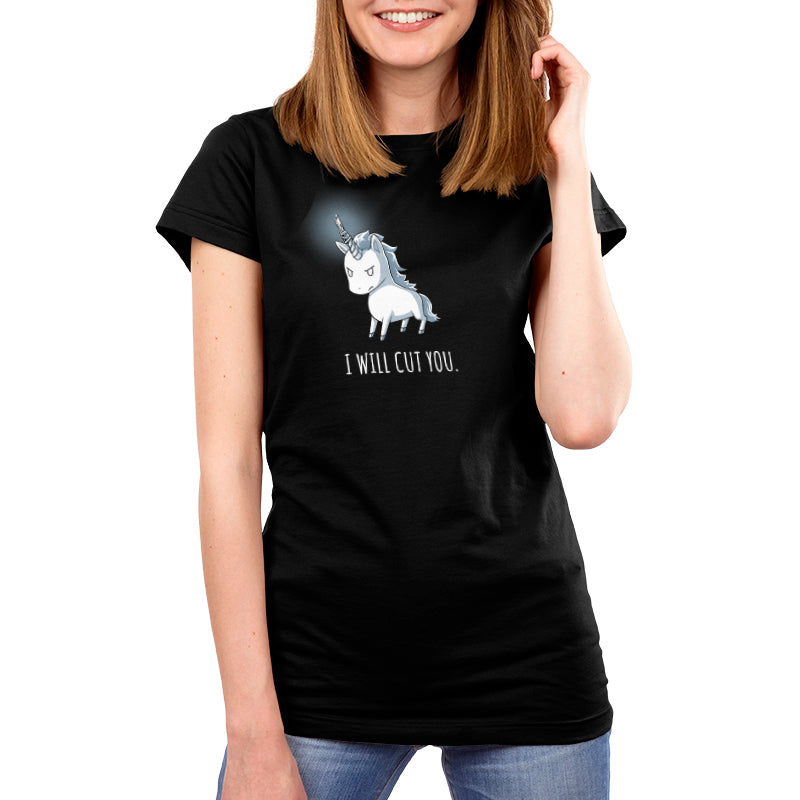 Premium Cotton T-shirt_Black apparel featuring Stabby the Unicorn with a fierce expression and the text "I WILL CUT YOU" printed below. Made from super soft ringspun cotton for ultimate comfort. Product Name: Stabby the Unicorn by brand monsterdigital.