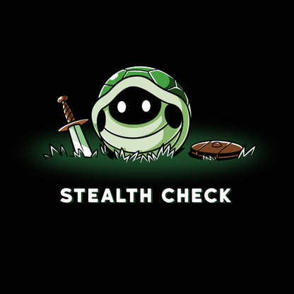 Premium Cotton T-shirt_TeeTurtle Stealth Check (Turtle) black t-shirt featuring a cartoon turtle shell with a fantasy sword and shield beside it and glowing white eyes inside the shell is accompanied by the text "Stealth Check".