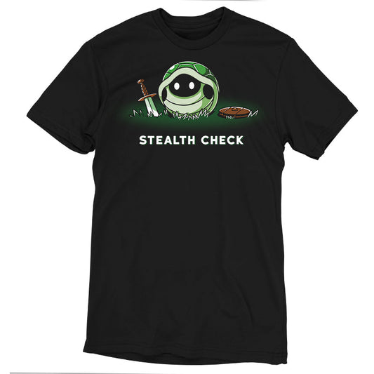 Premium Cotton T-shirt_TeeTurtle Stealth Check (Turtle) black t-shirt featuring a cartoon turtle shell with a fantasy sword and shield beside it and glowing white eyes inside the shell is accompanied by the text 