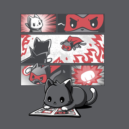 Premium Cotton T-shirt_TeeTurtle Supercat Comic Charcoal Gray t-shirt featuring a gray cat reading a comic book and imagines itself as a superhero. The comic panels above depict the cat, branded as "Supercat," in a red mask and cape, flying, fighting, and displaying determined expressions. 