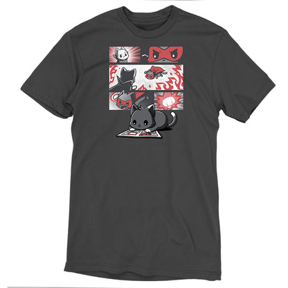 Premium Cotton T-shirt_TeeTurtle Supercat Comic Charcoal Gray t-shirt featuring a gray cat reading a comic book and imagines itself as a superhero. The comic panels above depict the cat, branded as "Supercat," in a red mask and cape, flying, fighting, and displaying determined expressions. 