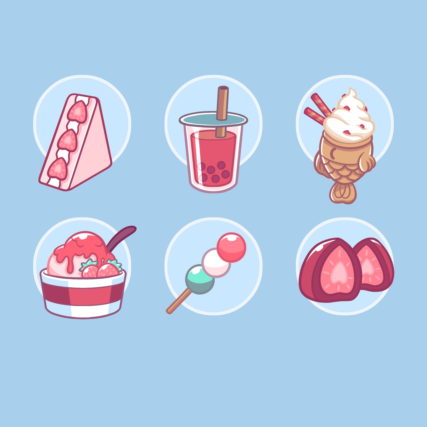 Premium Cotton T-shirt_ Sweet Treats light blue t-shirt featuring an illustration of various sweets, such as  a triangular strawberry cheesecake, pink boba drink, strawberry ice cream, a vanilla milkshake, a small stick of pink, white and green mochi balls, and a strawberry candy.