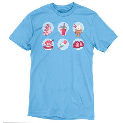 Premium Cotton T-shirt_ Sweet Treats light blue t-shirt featuring an illustration of various sweets, such as  a triangular strawberry cheesecake, pink boba drink, strawberry ice cream, a vanilla milkshake, a small stick of pink, white and green mochi balls, and a strawberry candy.