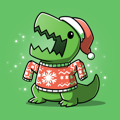 Premium Cotton T-shirt - A TeeTurtle T-Rex Christmas Sweater donning a Santa hat on an Ugly Christmas Sweatersaurus.