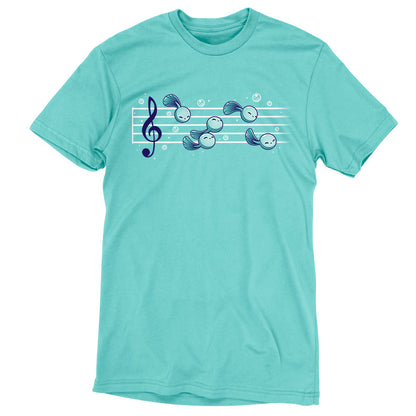 Premium Cotton T-shirt_Teeturtle Tadpool Tune caribbean blue t-shirt featuring a gaggle of adorable cartoon tadpoles swimming along a music score.