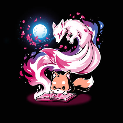 Premium Cotton T-shirt_TeeTurtle Tale of Tails black t-shirt featuring a fox reading with a magical kitsune coming out of the book.