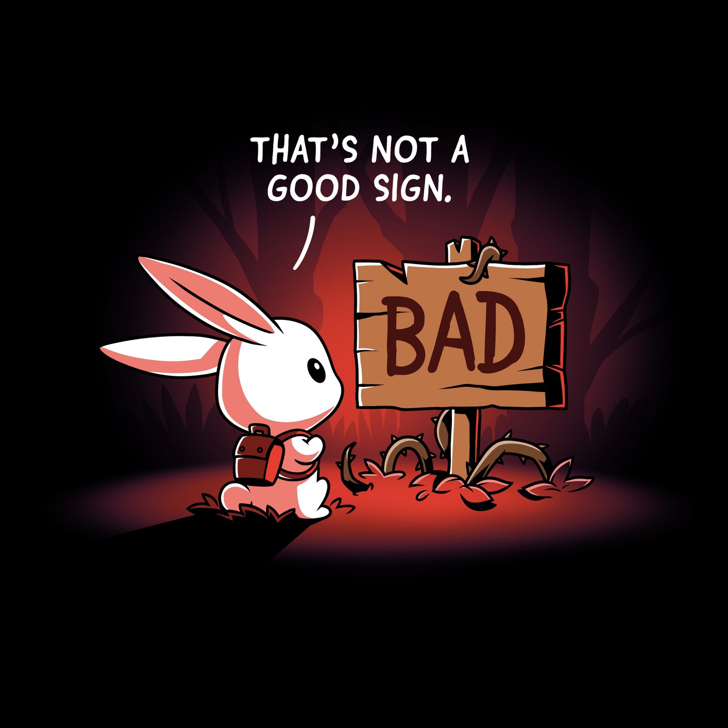 Premium Cotton T-shirt_TeeTurtle That's Not a Good Sign black t-shirt featuring an adventurous bunny looking at a wooden sign with the word "bad" on it.