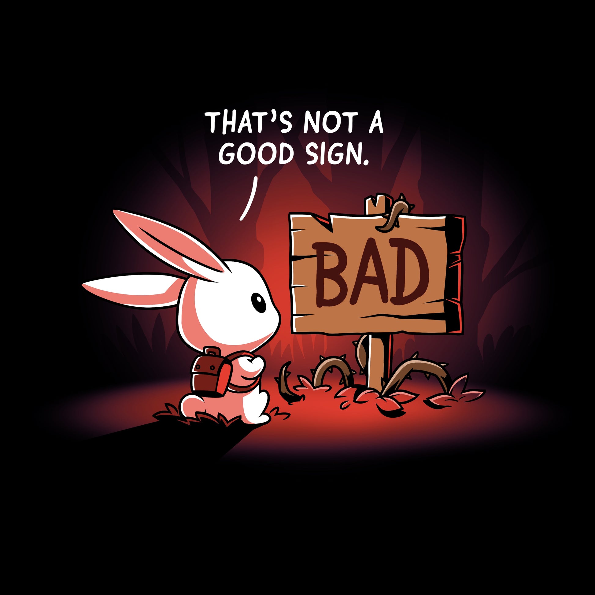 Premium Cotton T-shirt_TeeTurtle That's Not a Good Sign black t-shirt featuring an adventurous bunny looking at a wooden sign with the word "bad" on it.