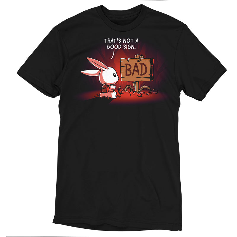 Premium Cotton T-shirt_TeeTurtle That's Not a Good Sign black t-shirt featuring an adventurous bunny looking at a wooden sign with the word "bad" on it.