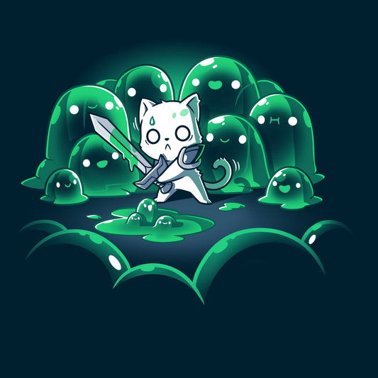 Premium Cotton T-shirt_TeeTurtle navy blue The Never-Ending Fight. Featuring a cat warrior holding a sword surprised at being surrounded by a group of green slimes.