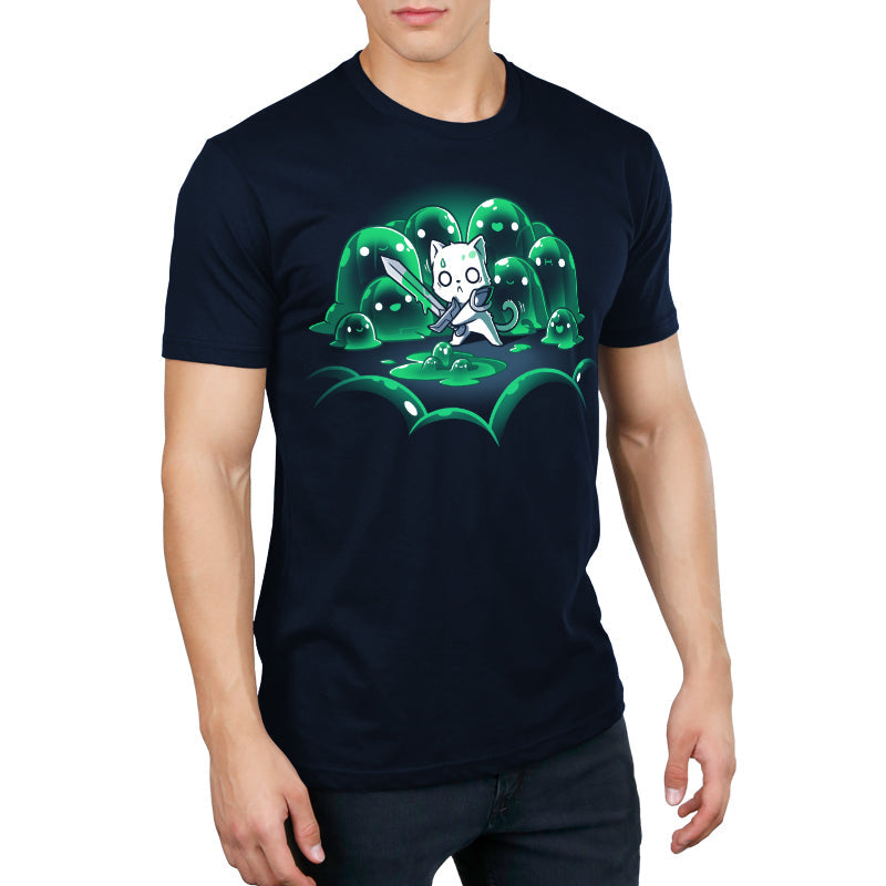 Premium Cotton T-shirt_TeeTurtle navy blue The Never-Ending Fight. Featuring a cat warrior holding a sword surprised at being surrounded by a group of green slimes.