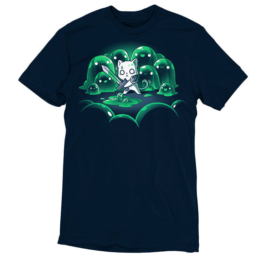 Premium Cotton T-shirt_TeeTurtle navy blue The Never-Ending Fight. Featuring a cat warrior holding a sword surprised at being surrounded by a group of green slimes.