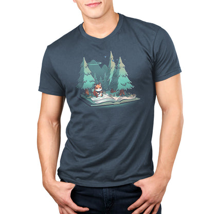 Premium Cotton T-shirt_TeeTurtle  Adventurer's Tale Denim Blue t-shirt features an enchanting illustration of a fox standing on an open book transformed into a forest, with trees and mountains in the background.