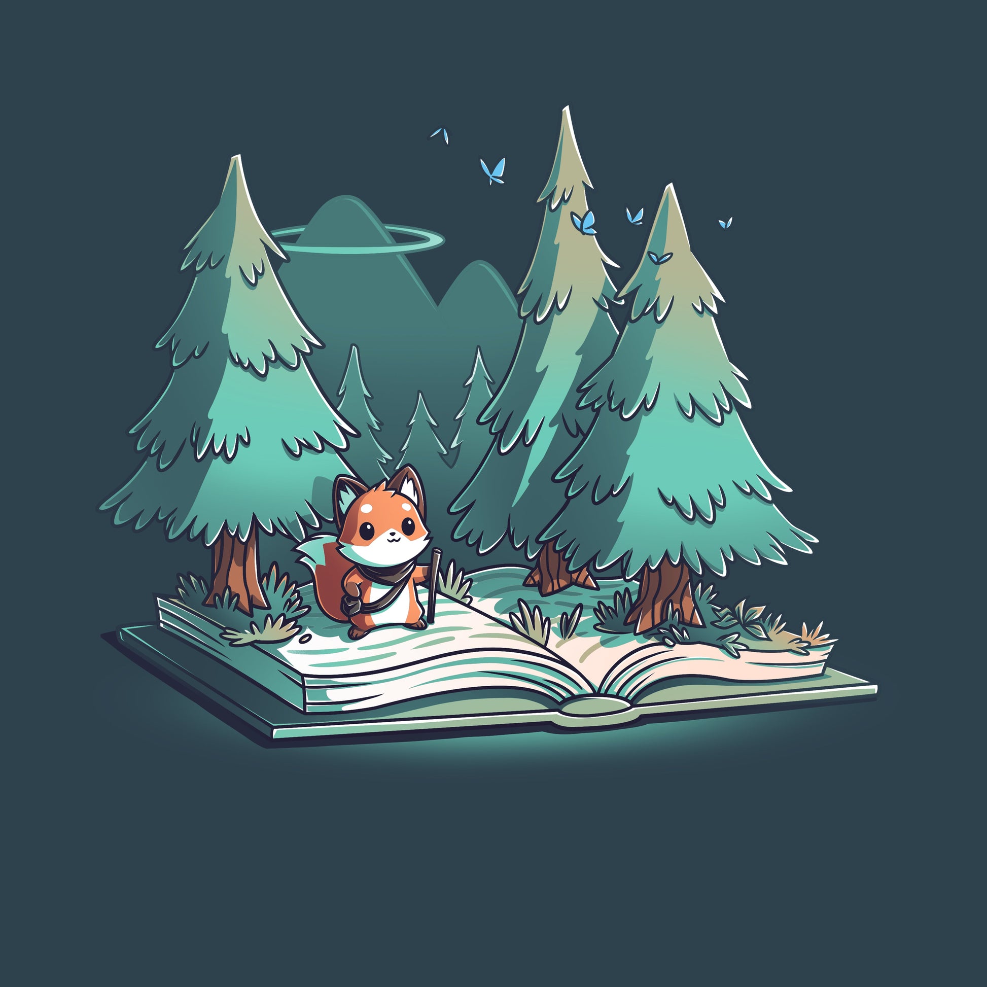 Premium Cotton T-shirt_TeeTurtle  Adventurer's Tale Denim Blue t-shirt features an enchanting illustration of a fox standing on an open book transformed into a forest, with trees and mountains in the background.