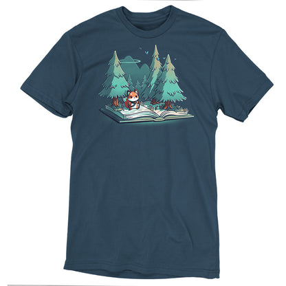 Premium Cotton T-shirt_TeeTurtle  Adventurer's Tale Denim Blue t-shirt features an enchanting illustration of a fox standing on an open book transformed into a forest, with trees and mountains in the background.