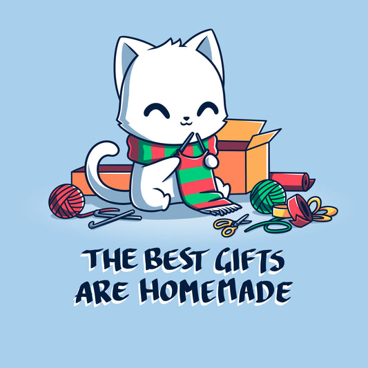 Premium Cotton T-shirt - featuring a smiley white cat surrounded by craft supplies, knitting a green and red stripped scarf