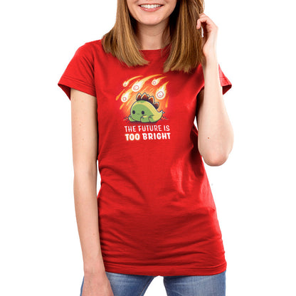 Premium Cotton T-shirt_Teeturtle The Future is Too Bright Red Featuring a little cartoon stegosaurus sitting in front of five falling meteors with the words 'The Future is too bright' beneath.