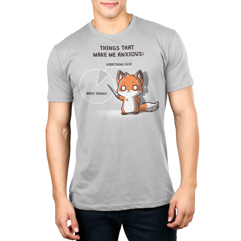 Premium Cotton T-shirt_TeeTurtle Things That Make Me Anxious silver grey t-shirt featuring a fox sweating nervously points at a pie chart.