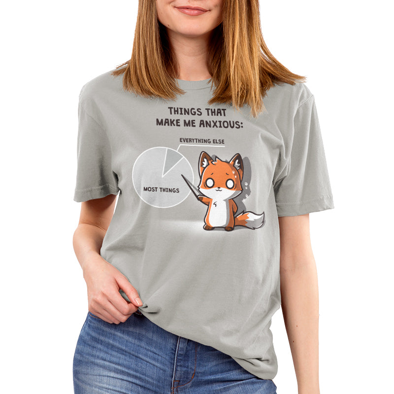 Premium Cotton T-shirt_TeeTurtle Things That Make Me Anxious silver grey t-shirt featuring a fox sweating nervously points at a pie chart.