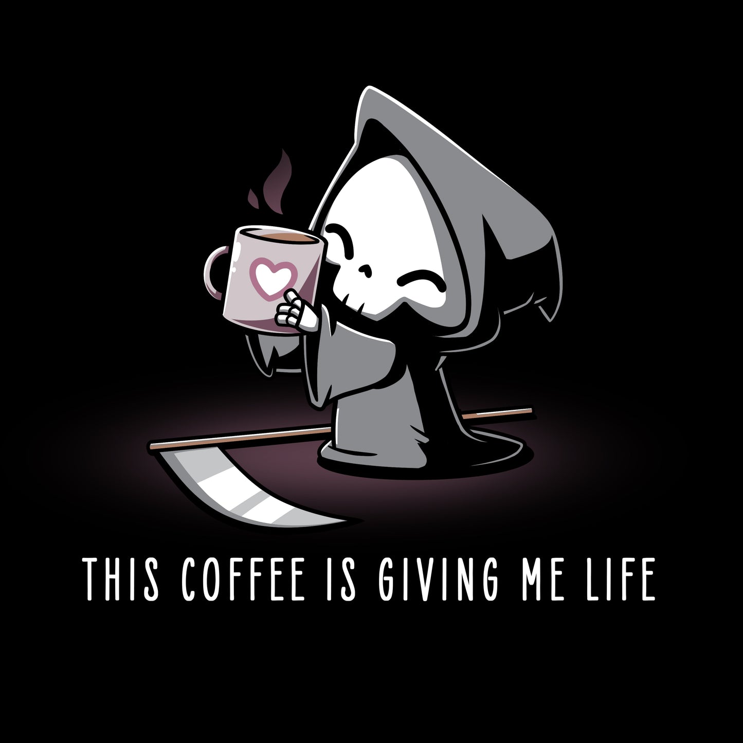 Premium Cotton T-shirt_Teeturtle This Coffee Is Giving Me Life black t-shirt featuring the Grim Reaper holding a mug with a heart symbol and text "THIS COFFEE IS GIVING ME LIFE."