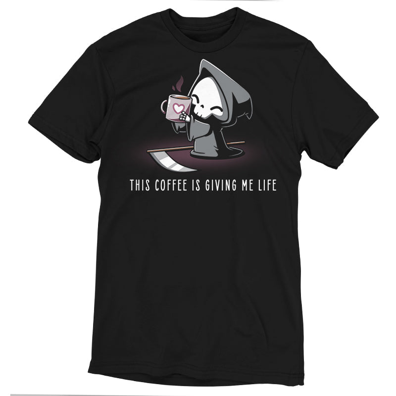 Premium Cotton T-shirt_Teeturtle This Coffee Is Giving Me Life black t-shirt featuring the Grim Reaper holding a mug with a heart symbol and text "THIS COFFEE IS GIVING ME LIFE."