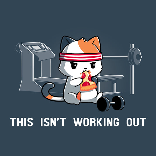 Premium Cotton T-shirt_Teeturtle This Isn't Working Out denim t-shirt featuring a cat wearing a headband, eating pizza in a gym with exercise equipment in the background. The text 