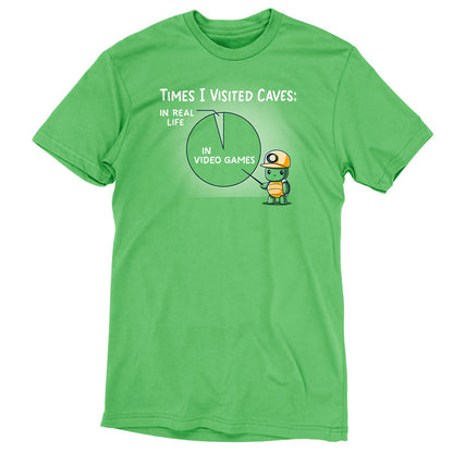 Premium Cotton T-shirt_Teeturtle Times I Visited Caves apple green t-shirt featuring a cute turtle in a miner's helmet pointing to a pie chart reading 'Times I Visited Caves' with 'In Real Life' as a small part of the chart and 'In Video Games' as the much larger part of the chart.