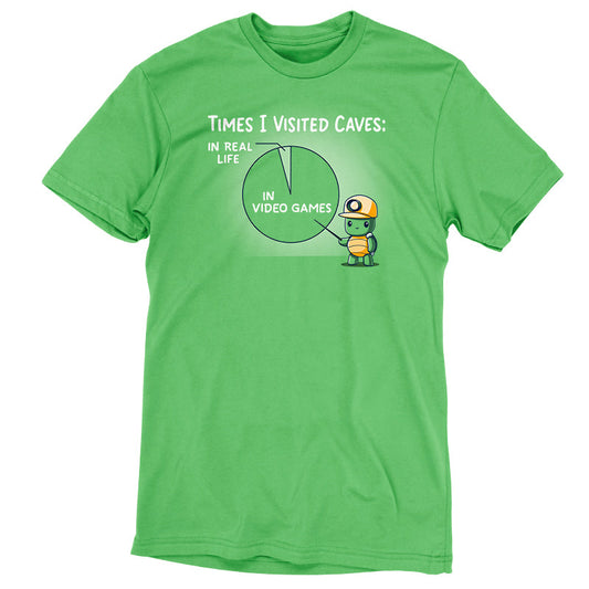 Premium Cotton T-shirt_Teeturtle Times I Visited Caves apple green t-shirt featuring a cute turtle in a miner's helmet pointing to a pie chart reading 'Times I Visited Caves' with 'In Real Life' as a small part of the chart and 'In Video Games' as the much larger part of the chart.