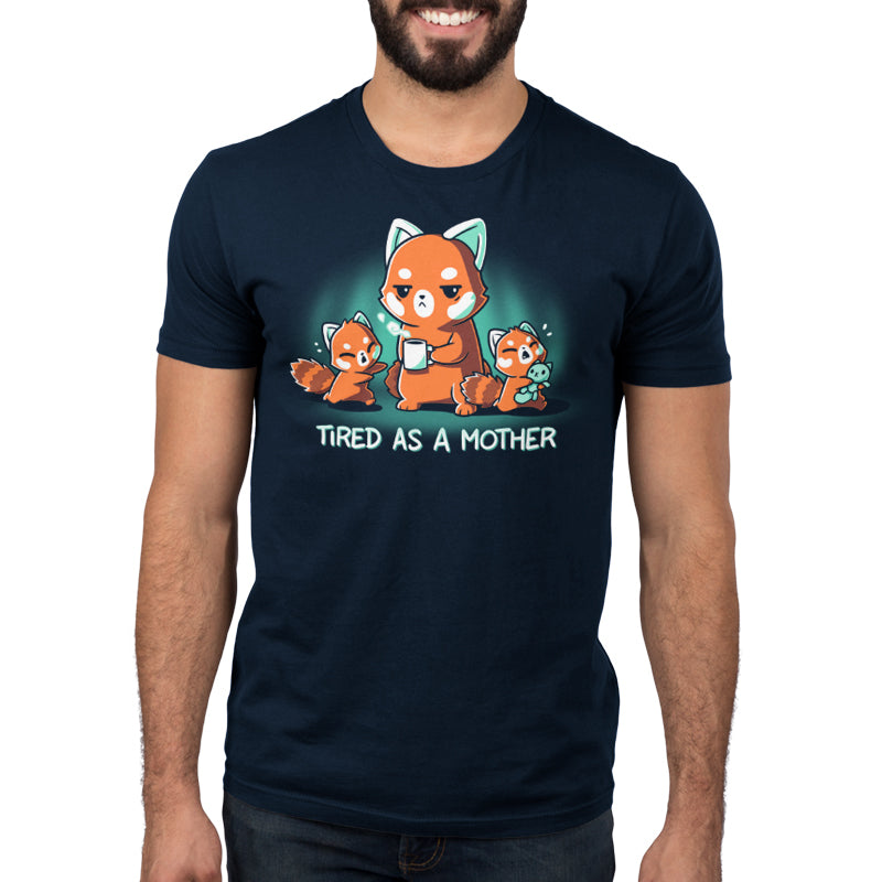 Premium Cotton T-shirt_TeeTurtle navy blue Tired As a Mother. Featuring a tired red panda mother holding a cup of coffee with two crying red panda cubs.