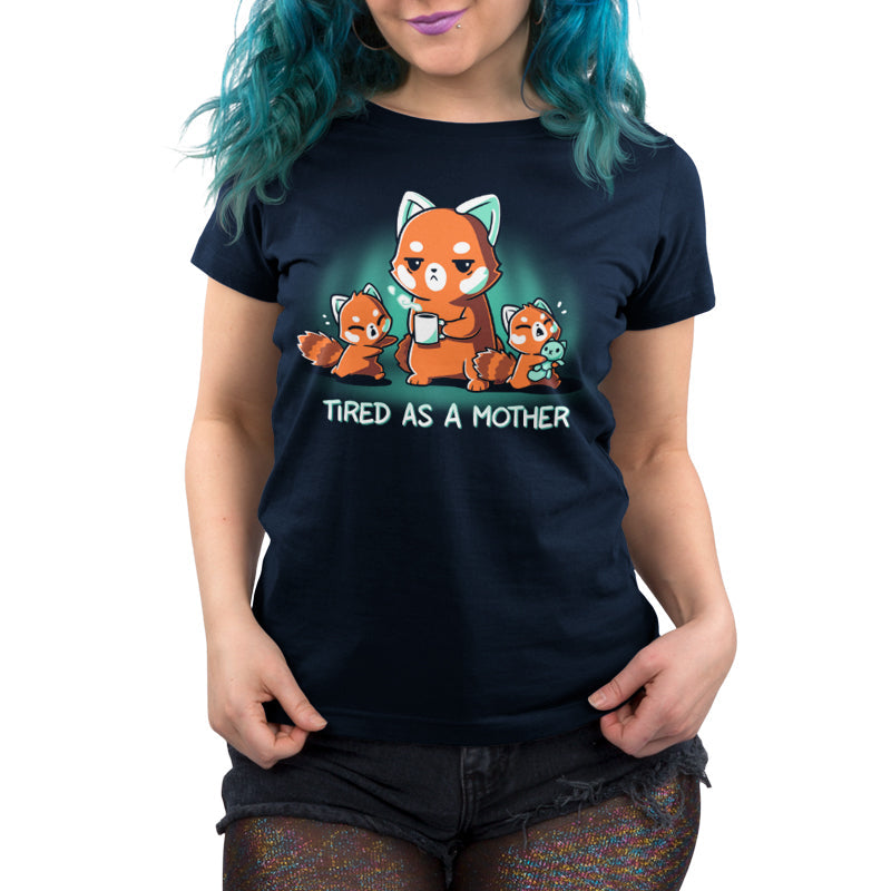 Premium Cotton T-shirt_TeeTurtle navy blue Tired As a Mother. Featuring a tired red panda mother holding a cup of coffee with two crying red panda cubs.