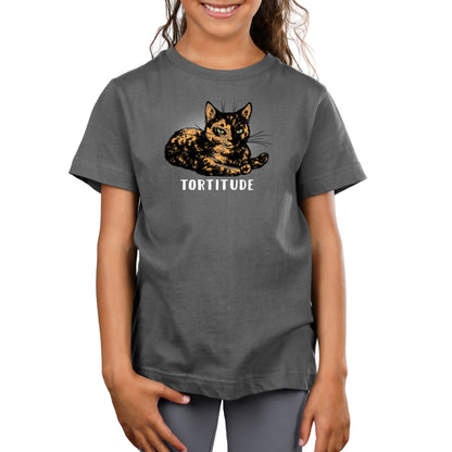 Premium Cotton T-shirt_TeeTurtle Tortitude. charcoal gray t-shirt featuring a tortoiseshell cat with its paws crossed smiling.