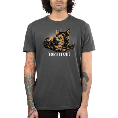 Premium Cotton T-shirt_TeeTurtle Tortitude. charcoal gray t-shirt featuring a tortoiseshell cat with its paws crossed smiling.