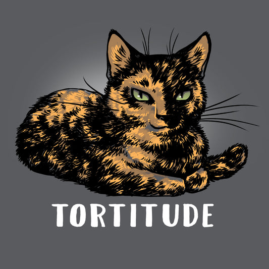 Premium Cotton T-shirt_TeeTurtle Tortitude. charcoal gray t-shirt featuring a tortoiseshell cat with its paws crossed smiling.