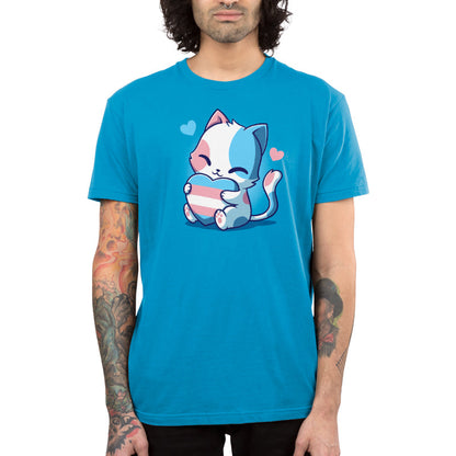 Premium Cotton T-shirt_TeeTurtle TransPurride Cobalt Blue t-shirt featuring a cute cartoon cat holding a heart with the transgender pride flag design.