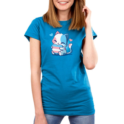 Premium Cotton T-shirt_TeeTurtle TransPurride Cobalt Blue t-shirt featuring a cute cartoon cat holding a heart with the transgender pride flag design.