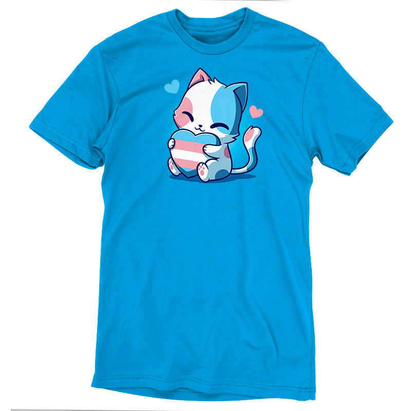 Premium Cotton T-shirt_TeeTurtle TransPurride Cobalt Blue t-shirt featuring a cute cartoon cat holding a heart with the transgender pride flag design.