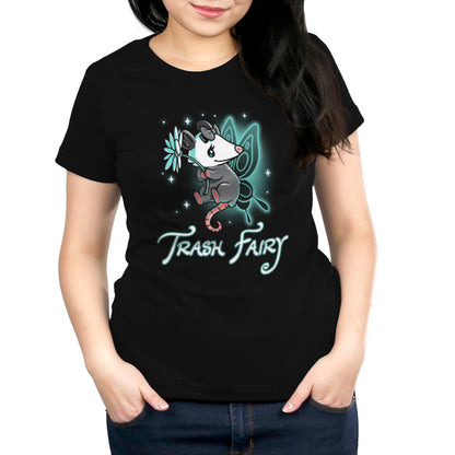 Premium Cotton T-shirt_TeeTurtle Trash Fairy black t-shirt featuring a magical possum with fairy wings holding a flower.