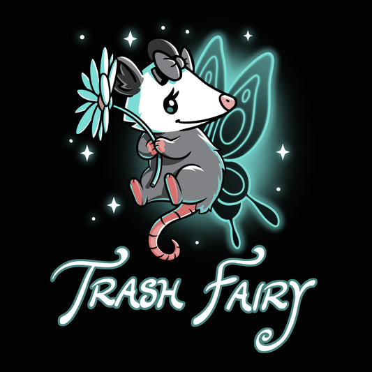 Premium Cotton T-shirt_TeeTurtle Trash Fairy black t-shirt featuring a magical possum with fairy wings holding a flower.