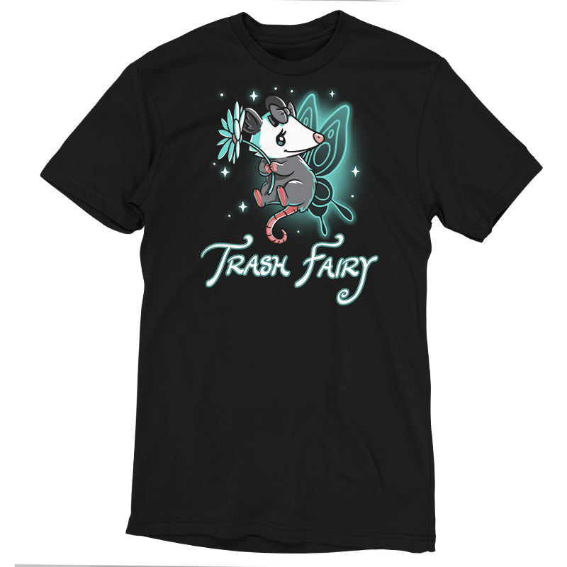 Premium Cotton T-shirt_TeeTurtle Trash Fairy black t-shirt featuring a magical possum with fairy wings holding a flower.