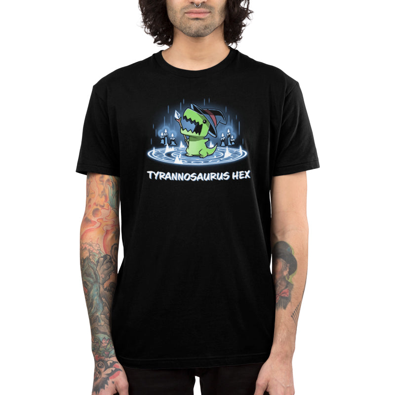 Premium Cotton T-shirt_TeeTurtle black Tyrannosaurus Hex. Featuring a t-rex wearing a witch hat with a wand inside a summoning pentagram.