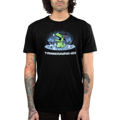 Premium Cotton T-shirt_TeeTurtle black Tyrannosaurus Hex. Featuring a t-rex wearing a witch hat with a wand inside a summoning pentagram.