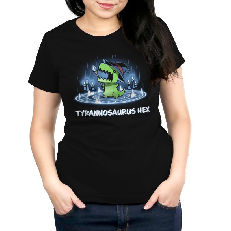 Premium Cotton T-shirt_TeeTurtle black Tyrannosaurus Hex. Featuring a t-rex wearing a witch hat with a wand inside a summoning pentagram.