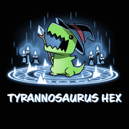 Premium Cotton T-shirt_TeeTurtle black Tyrannosaurus Hex. Featuring a t-rex wearing a witch hat with a wand inside a summoning pentagram.