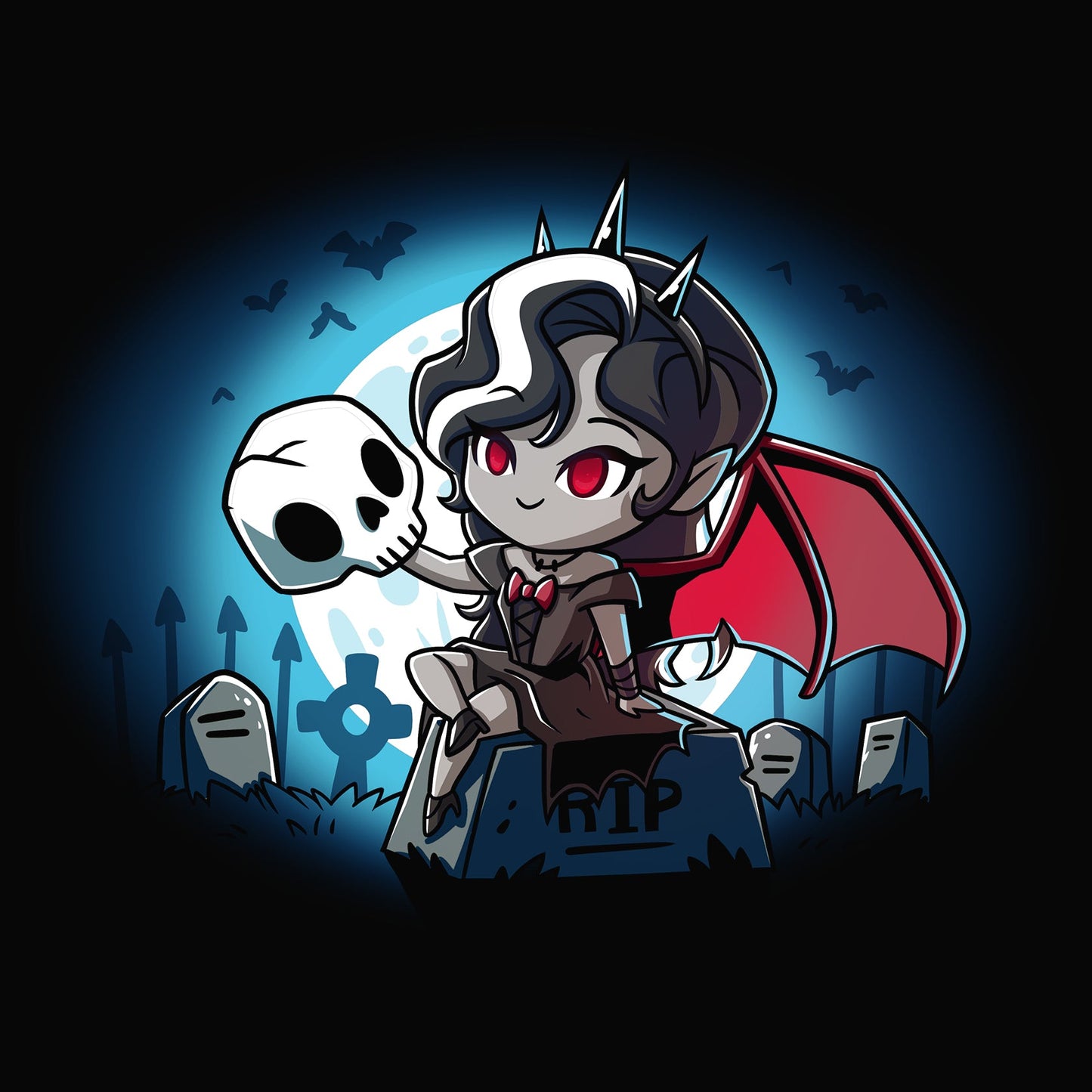 Premium Cotton T-shirt_TeeTurtle Vampire Princess black t-shirt featuring an illustration of a vampire princess with red bat wings and a pointed crown in a graveyard sitting on top of a tombstone that says RIP holding a white skull. The background shows bats flying near a full moon.